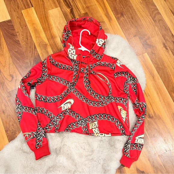 Nike Tops - Nike Women's Just Do It Red Gold Chain Graphic Logo Cropped Hoodie